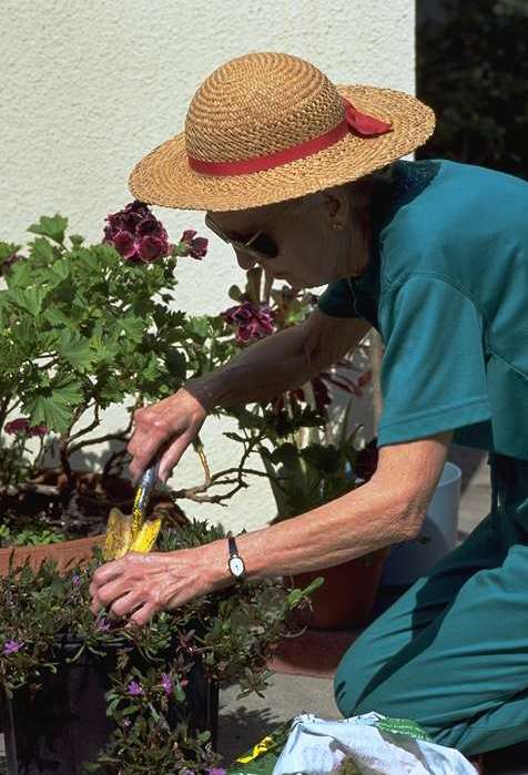 Mujer mayor cultivando plantas.
